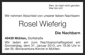 Anzeige von Rosel Wieferig von OM-Medien